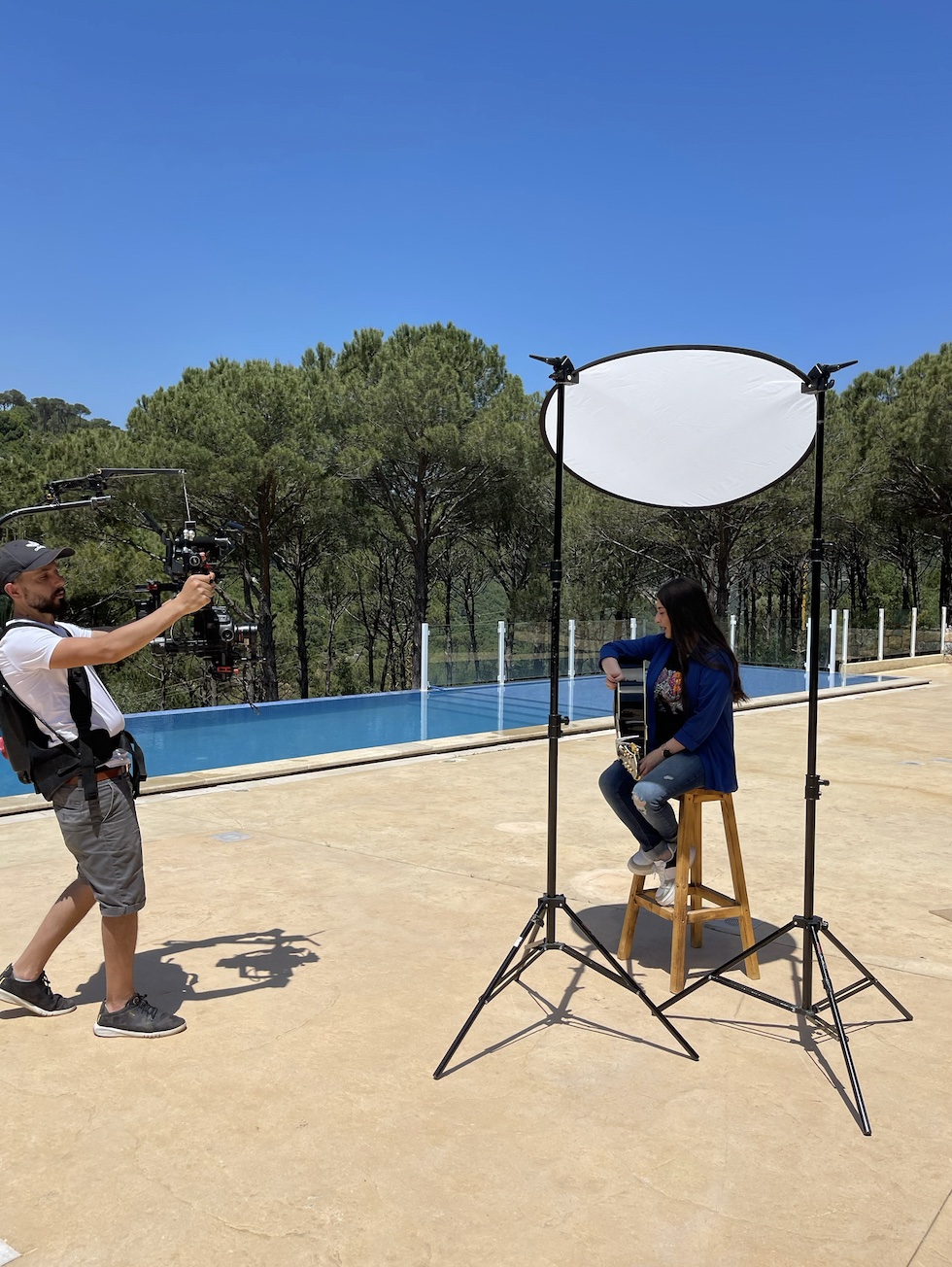 Outdoor production set by the pool